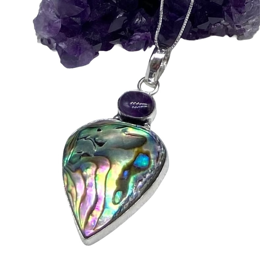 Abalone Shell & Amethyst Crystal Necklace Pendant Sterling Silver 925 Jewelry